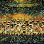 Gran salón de conciertos con orquesta y notas musicales flotantes representando variaciones