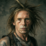 Retrato detallado del músico Iggy Pop con su cabello característico y mirada intensa.