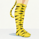 Anime character Lum standing full-length on a plain white background wearing yellow tiger-striped knee-high socks