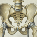 Ilustración detallada de una pelvis humana vista frontalmente, mostrando claramente una prótesis de cadera en el lado derecho junto a la cadera nativa izquierda.