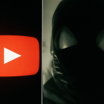 Imagen dividida mostrando el logotipo de YouTube brillando junto a una figura sombreada que representa a un YouTuber tóxico.