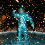 Persona con traje impermeable azul brillante en una fiesta nocturna