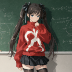 Ilustración anime de una estudiante con coletas oscuras, ojos azules y un suéter rojo con cruz blanca frente a un pizarrón académico.