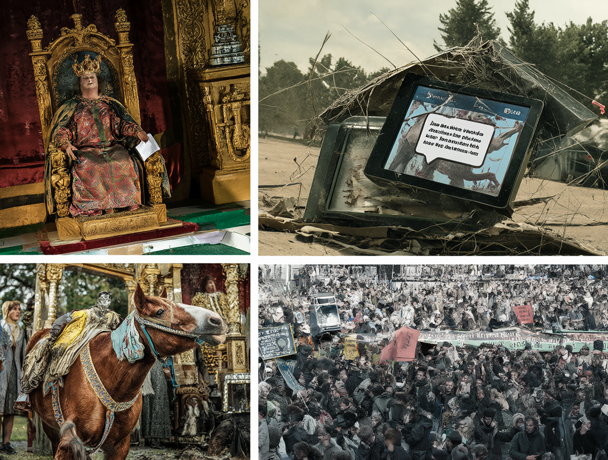 Una composición artística que muestra eventos históricos y modernos imposibles a primera vista.