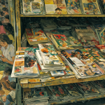 Un quiosco antiguo lleno de revistas con varios fascículos de enciclopedia expuestos en primer plano.