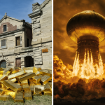 Ilustración dividida entre las reservas de oro y una bomba nuclear