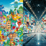 Ilustración dividida mostrando los estudios occidentales de Mario y la producción japonesa de Pokémon