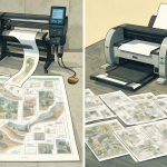Digital illustration of two different methods to print an Excel sheet as a giant poster using both industrial plotters and standard home printers.
