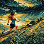 Figura femenina corriendo por un camino empinado bajo un cielo tormentoso, simbolizando el esfuerzo de la canción.