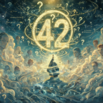 Una ilustración surrealista mostrando una entidad artificial emergiendo de fórmulas matemáticas, con siluetas de autores y el número 42 flotando como símbolo central.