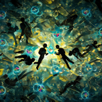 Siluetas humanas interactuando con nodos de IA brillantes