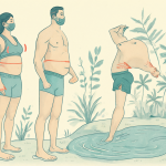 Retrato de un hombre con sus estadísticas físicas flotando alrededor de su cuerpo.