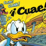 Ilustración detallada de la portada del cómic de Scrooge McDuck mostrando al personaje gritando y un robot retro.