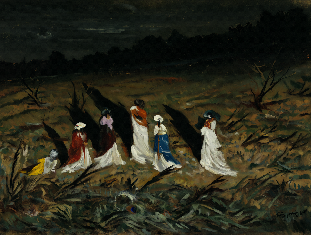 Composición épica de una noche con figuras y sombras extendiéndose sobre el suelo.