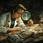 Ilustración detallada de un investigador revisando revistas antiguas y libros de ciencia ficción bajo una lupa.