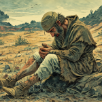 Illustration of Job sitting alone in a desolate landscape, looking distressed and overwhelmed by his suffering.