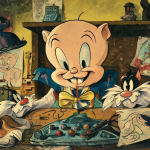 Retrato detallado del director de animación Friz Freleng con bocetos de personajes clásicos al fondo