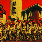 Fotomontaje pop-art de un coro masculino marchando con arquitectura constructivista y colores rojos en la portada del video Go West.