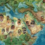 Mapa del mundo resaltando países de mayoría musulmana con una composición visual diversa.
