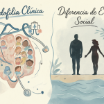 Gráfico educativo que distingue visualmente la pedofilia clínica de las relaciones con gran diferencia de edad.