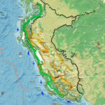 Mapa detallado mostrando la ruta geográfica de la inmigración peruana a Chile durante la década de los noventa, con flechas que indican el movimiento de personas desde Lima hasta Santiago.