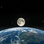Vista espacial de la Tierra con la Luna llena brillante