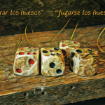 Ilustración de dados de hueso sobre madera con texto flotante mostrando opciones de traducción en español.