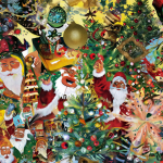 Collage de decoración navideña y figuras de Santa con un toque de humor negro.