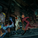 Barry Allen corriendo rápido mientras dos villanos lo miran