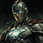 Ilustración detallada de Hank Henshaw como Cyborg Superman en una pose imponente y oscura.