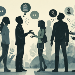 Ilustración analítica de siluetas humanas mostrando la pasividad social y la complicidad del grupo