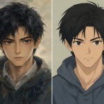 Imagen dividida mostrando la transformación de un arte complejo a una estética industrial de anime TV
