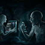 Arte abstracto representando la tensión entre la intención narrativa original y la distorsión social que lleva a culpar a otros.