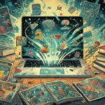 Computadora portátil mostrando herramientas de traducción offline rodeada de libros y cómics
