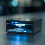 Close-up of a sleek Zero Client device with glowing blue lights in an office setting