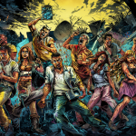 Ilustración vibrante y de alta calidad de la escena del apocalipsis zombie de la serie Community, donde los personajes bailan al ritmo de música ABBA en medio del caos.