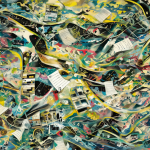 Ilustración abstracta mostrando el caos interno de una impresora con drivers, saltos de página y hojas en blanco.