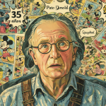 Retrato de un hombre mayor con gafas llamado Vicar, frente a un fondo lleno de paneles de cómics antiguos y texto flotante sobre su carrera.