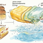 Gráfico visual que ilustra la diferencia calórica entre el pan consumido y la grasa corporal, junto con la retención de agua asociada a los carbohidratos.