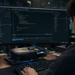 Ilustración de un entorno de desarrollo técnico para entrenar modelos de IA utilizando herramientas como Kohya GUI y scripts de Python.