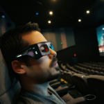 Persona en el cine usando gafas de vista y gafas 3D