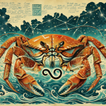 Ilustración del signo astrológico de Cáncer como cangrejo con el símbolo zodiacal.