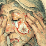 Vista cercana de una lesión en el rostro de una persona mayor.