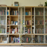 Estantería IKEA con puertas de vidrio llenas de libros