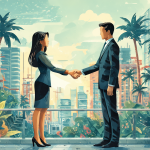Ilustración conceptual de un contrato de alquiler de novia en una ciudad moderna