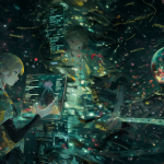 Una escena futurista con un personaje analizando letras en una pantalla holográfica rodeada de fragmentos de texto flotantes como Watergate y sabotaje, con una bola de cristal brillante al fondo.