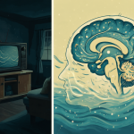 Ilustración educativa sobre un televisor antiguo y la percepción de ruidos en el silencio.