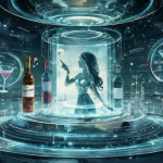 Vista panorámica de una interfaz de citas futurista con iconos flotantes de bebidas y notificaciones digitales.
