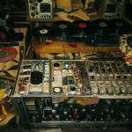 Consola de mezcla vintage y discos de vinilo en un estudio de grabación clásico.