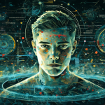 Ilustración digital de una persona rodeada de flujos de datos holográficos complejos y superficies robóticas brillantes, simbolizando la pérdida de la agencia humana a la inteligencia artificial.